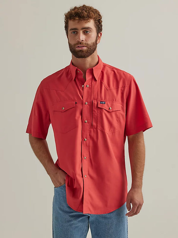 Man wearing red button up, short sleeve shirt