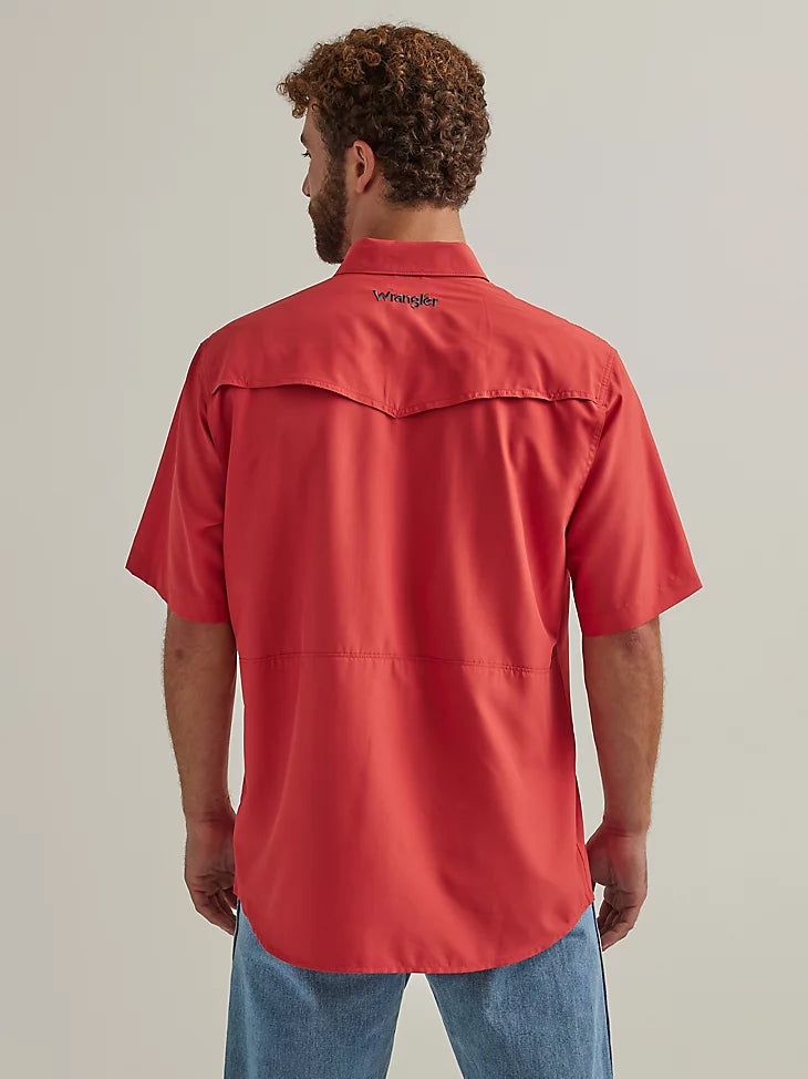 Man wearing red button up, short sleeve shirt
