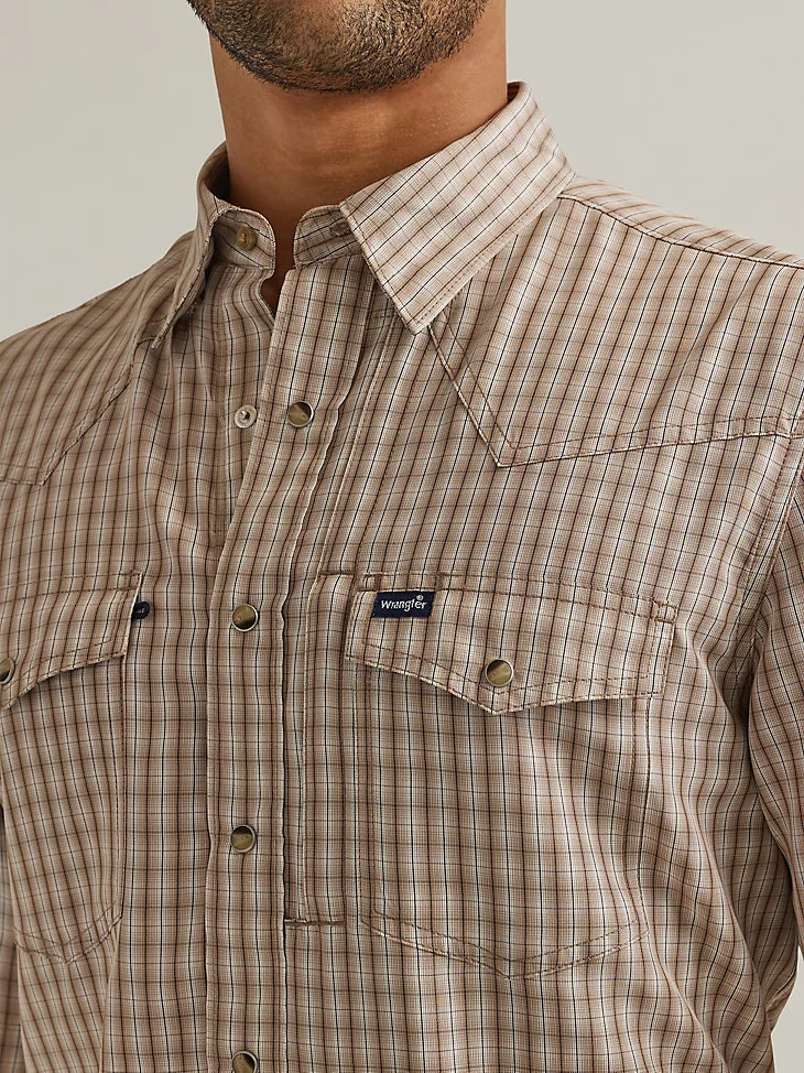 Man wearing brown plaid button up short sleeve shirt