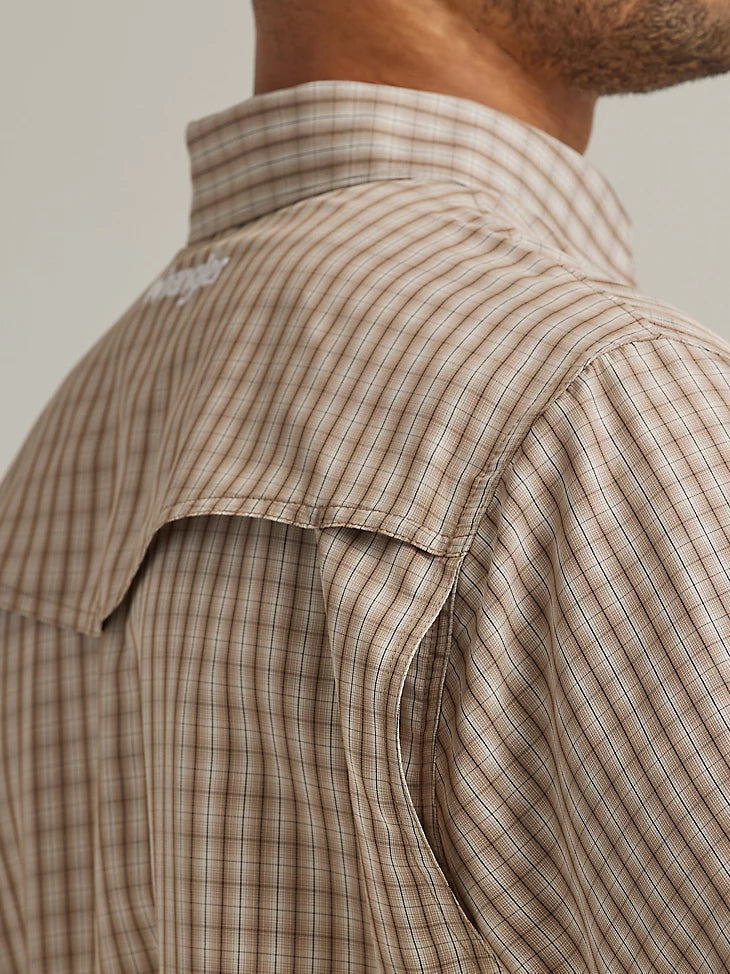 Man wearing brown plaid button up short sleeve shirt
