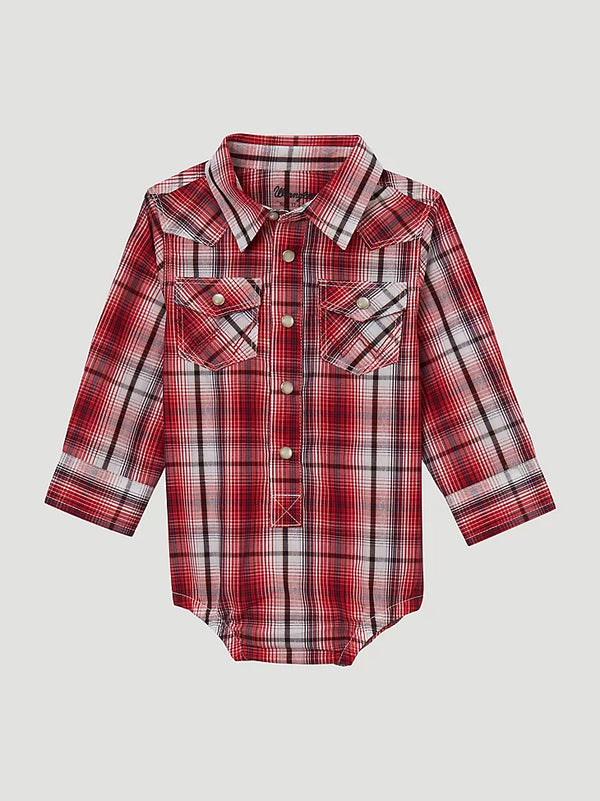 Baby body onesie with long sleeve with pearl snap and red and white plaid and double breast pocket 