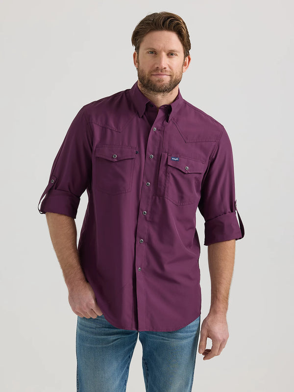 Wrangler Men's Performance Snap Long Sleeve Solid Shirt in Plum