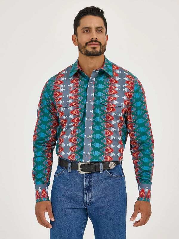 Wrangler Checotah® Long Sleeve Western Snap Printed Shirt