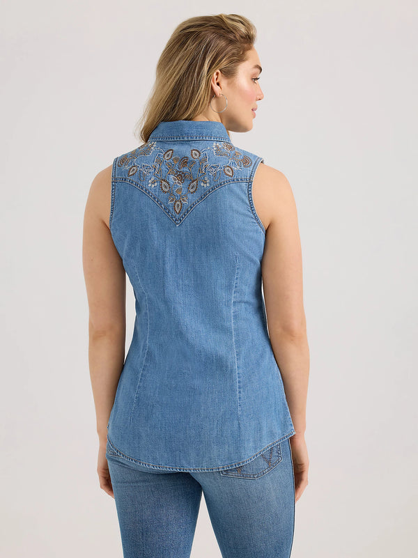 Wrangler Embellished Denim Sleeveless Snap Shirt