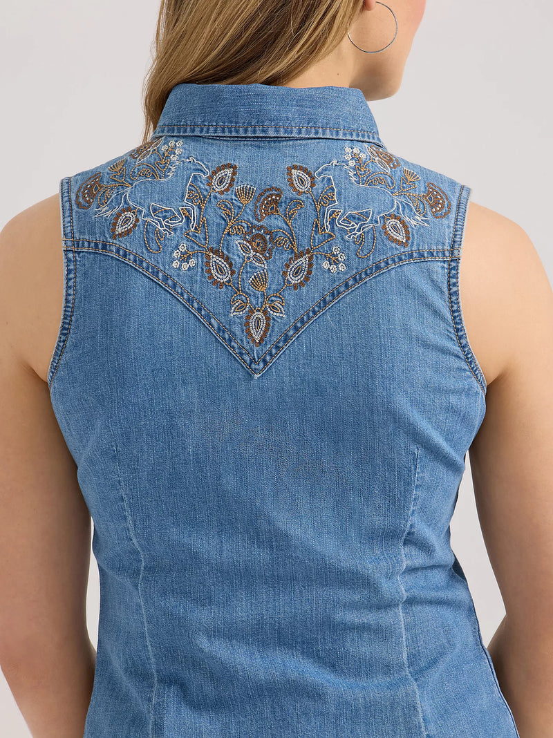 Wrangler Embellished Denim Sleeveless Snap Shirt