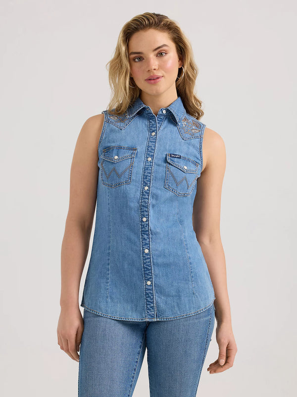 Wrangler Embellished Denim Sleeveless Snap Shirt