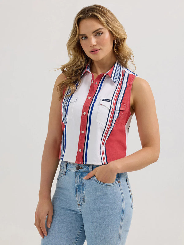 Wrangler Brushpopper Stripe Slim Crop Snap Tank