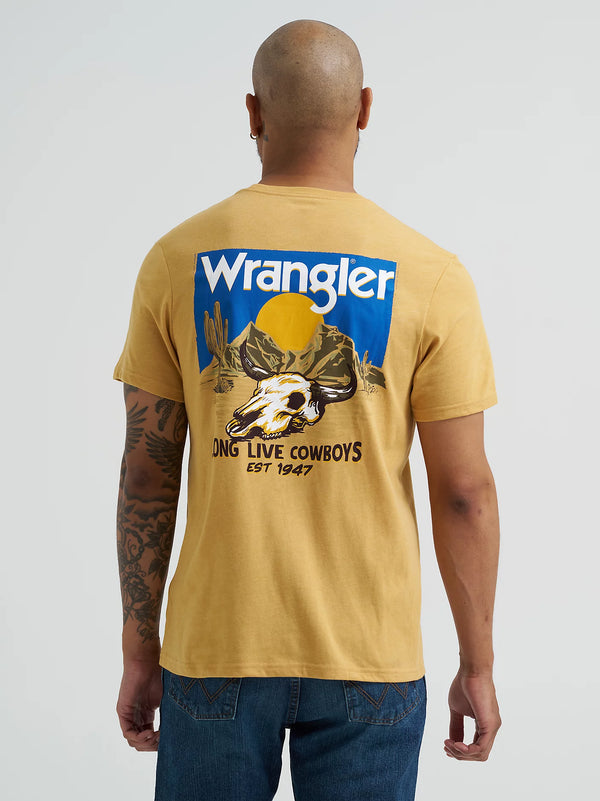 Man wearing a yellow Wrangler t-shirt with a graphic design on the back.