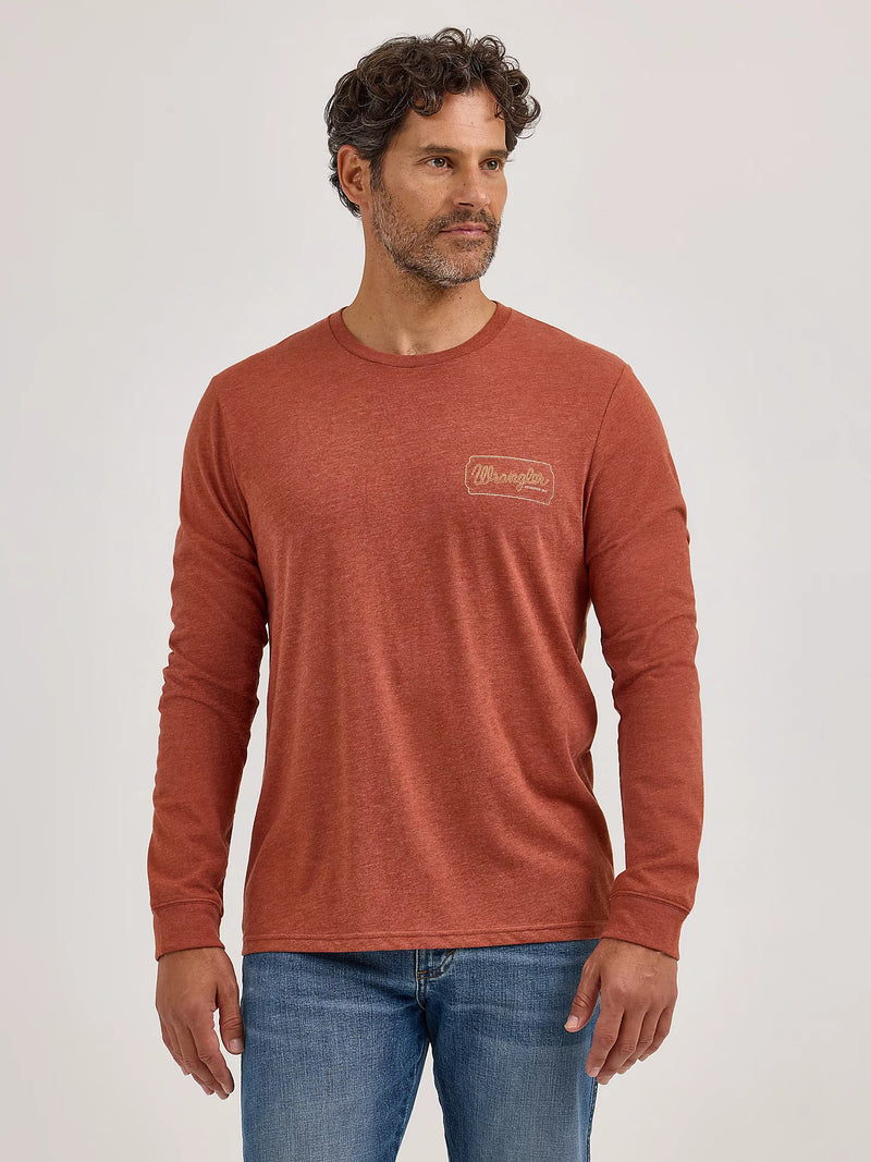 Man wearing a red long-sleeve shirt with a logo on a white background