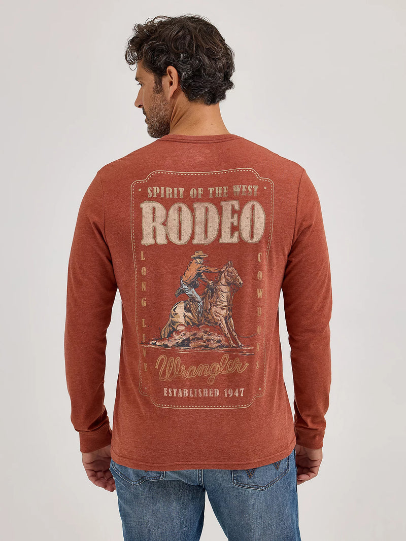 Man wearing a red long-sleeve shirt with 'Rodeo' and Wrangler branding on the back.