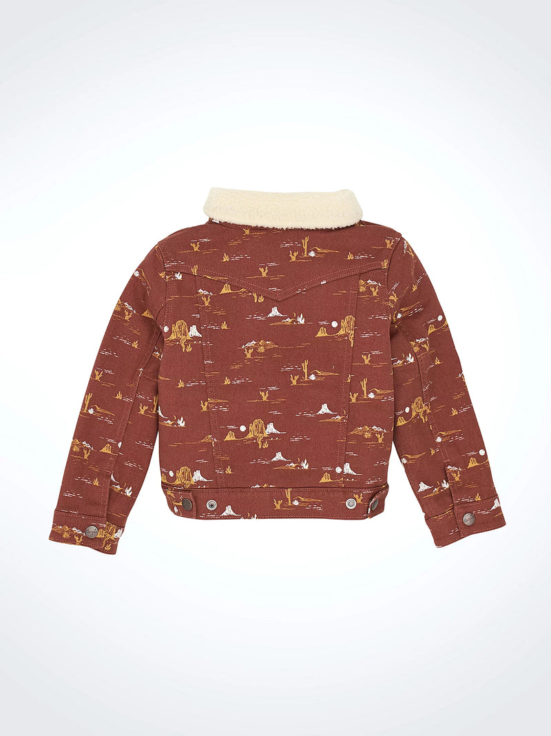 Brown patterned jacket with white collar on a white background