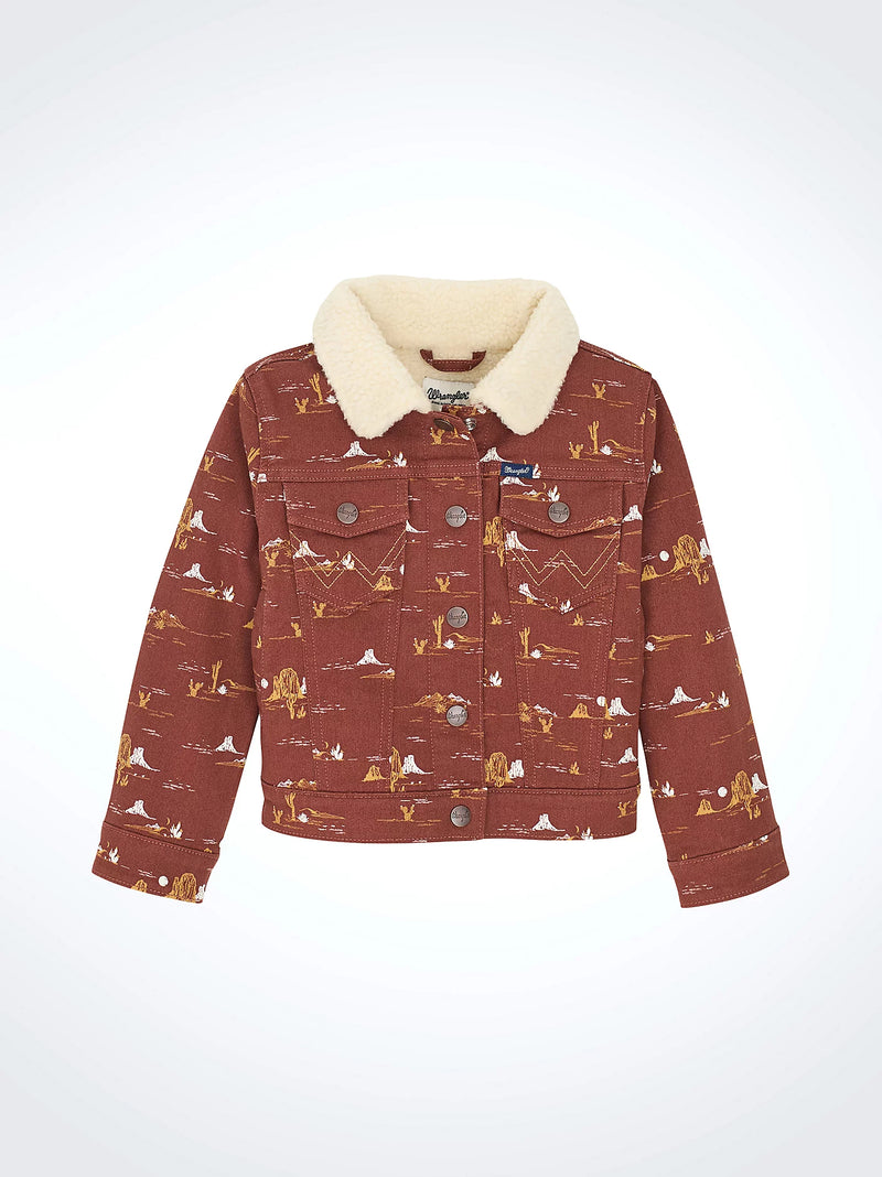 Red patterned jacket with white collar on a white background