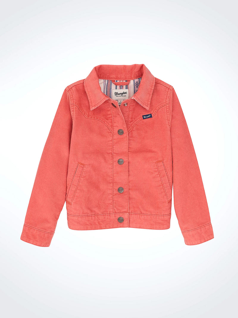 Coral jacket with button details on a white background