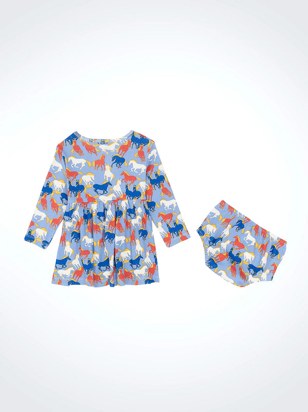 Children's outfit with long-sleeve top and diaper cover featuring animal print on a white background