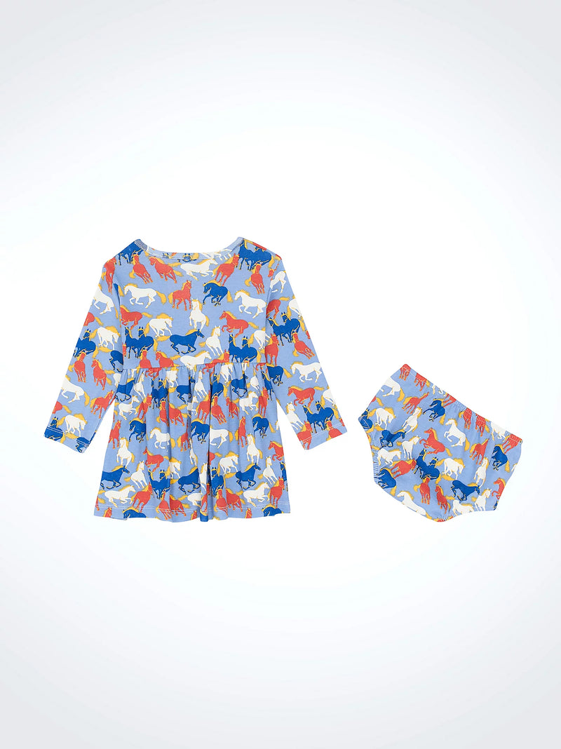 Children's outfit with long-sleeve top and diaper cover featuring animal print on a white background