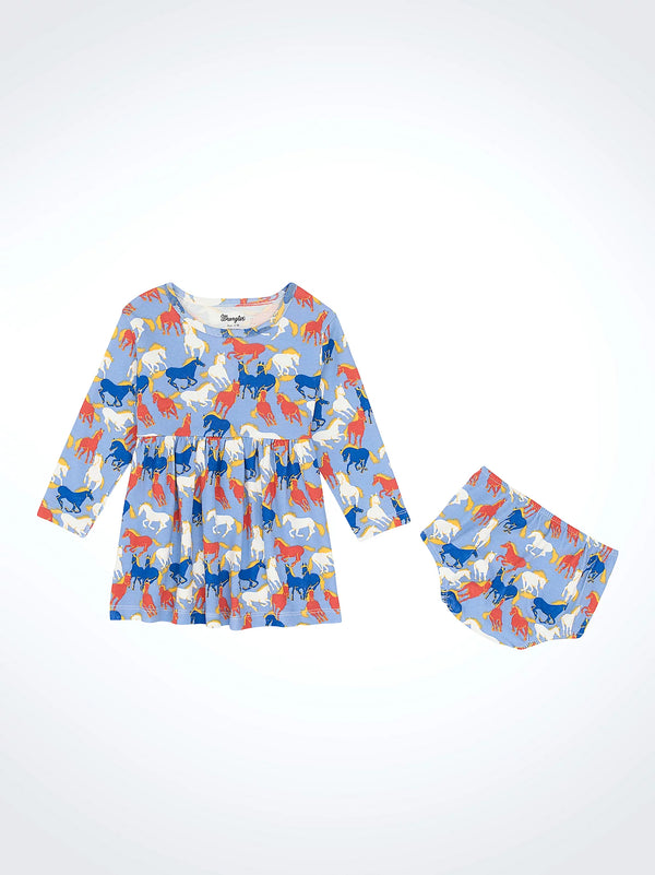 Children's outfit with long-sleeve top and diaper cover featuring animal print on a white background