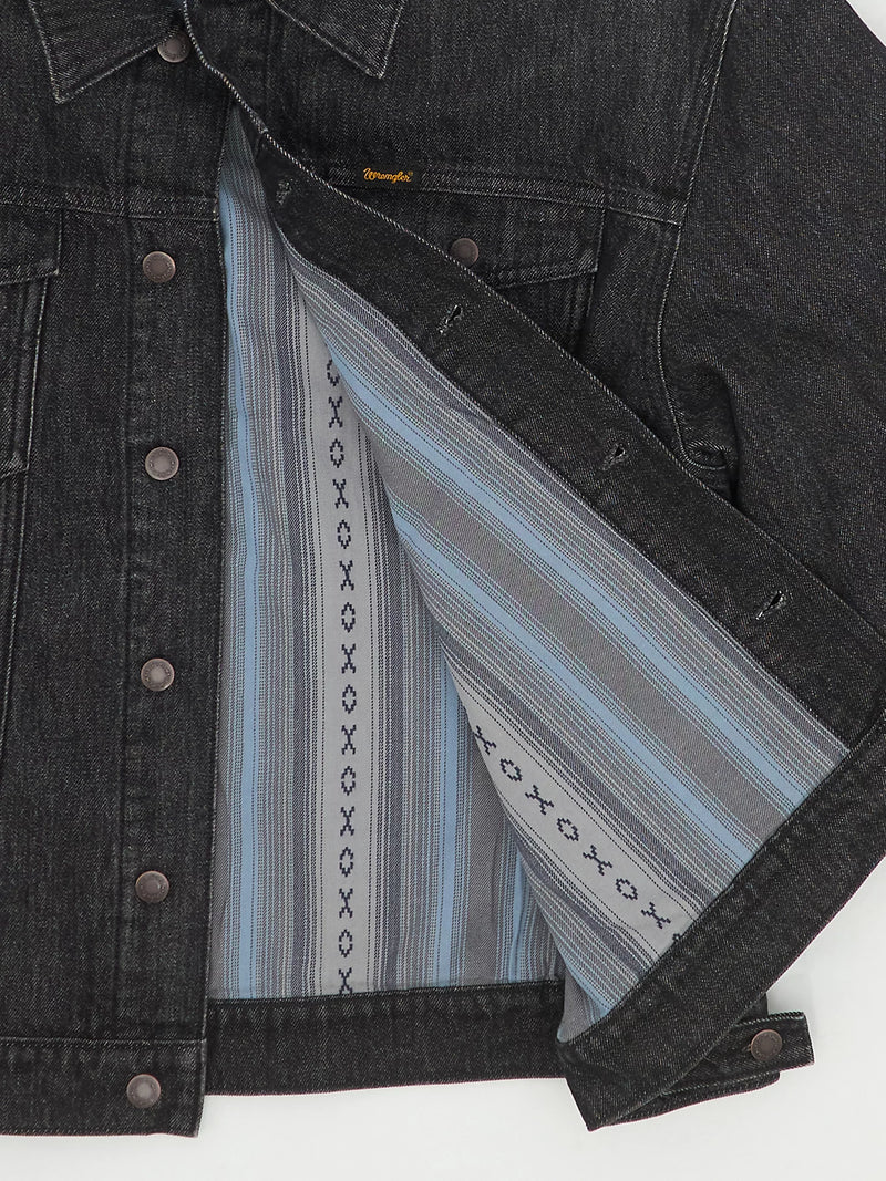Black denim jacket with striped lining and 'KOKO' branding on a white background