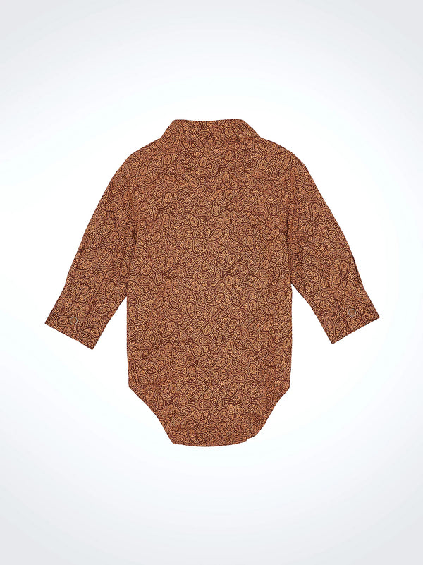 Brown patterned baby onesie on a white background