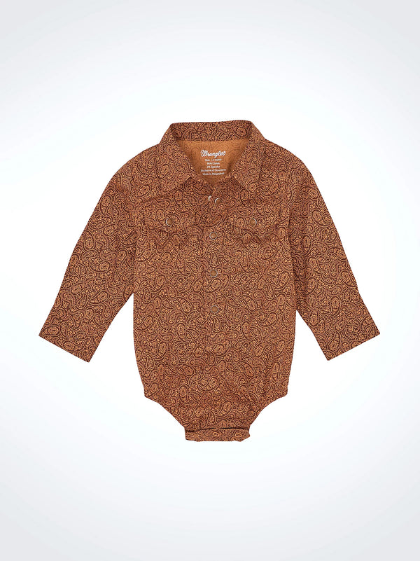 Brown patterned baby romper on a white background