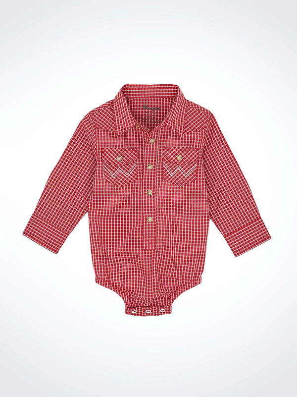 Red checkered baby romper on a white background
