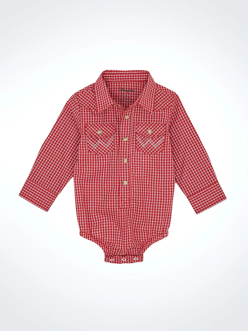 Red checkered baby romper on a white background