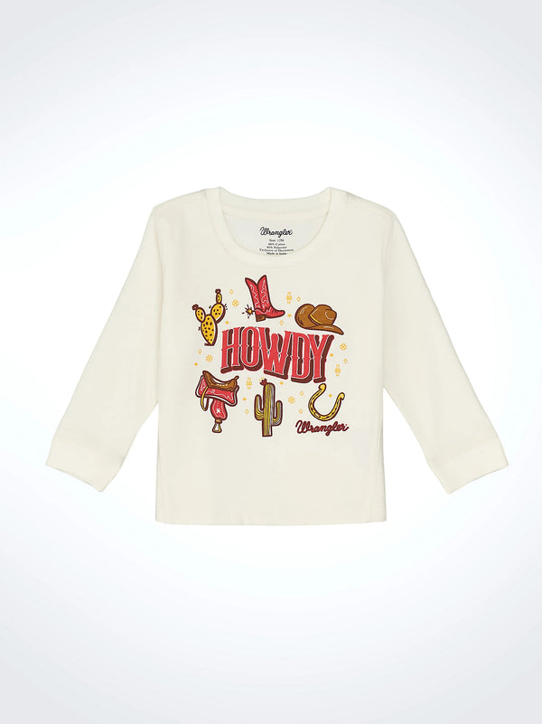 Long-sleeve shirt with 'Howdy Wrangler' graphic on a white background