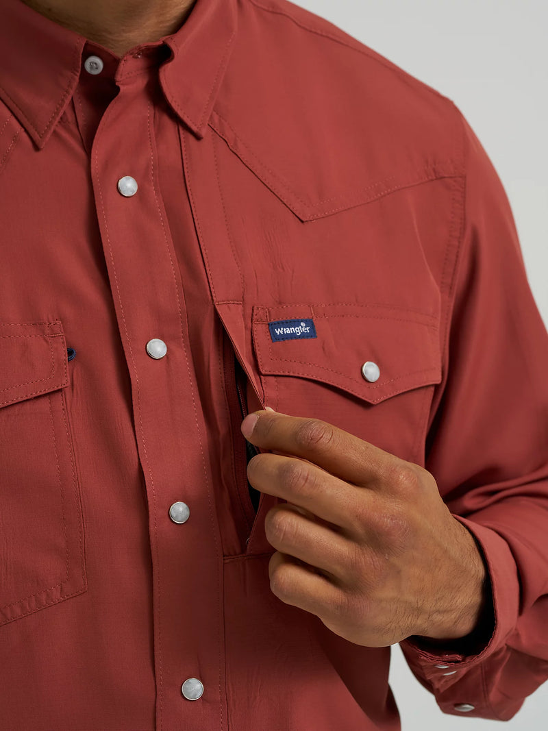 Red shirt with a visible Wrangler logo on a plain background