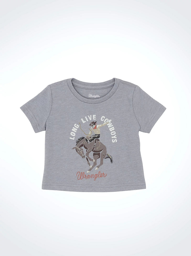 Gray t-shirt with graphic design and text on a white background