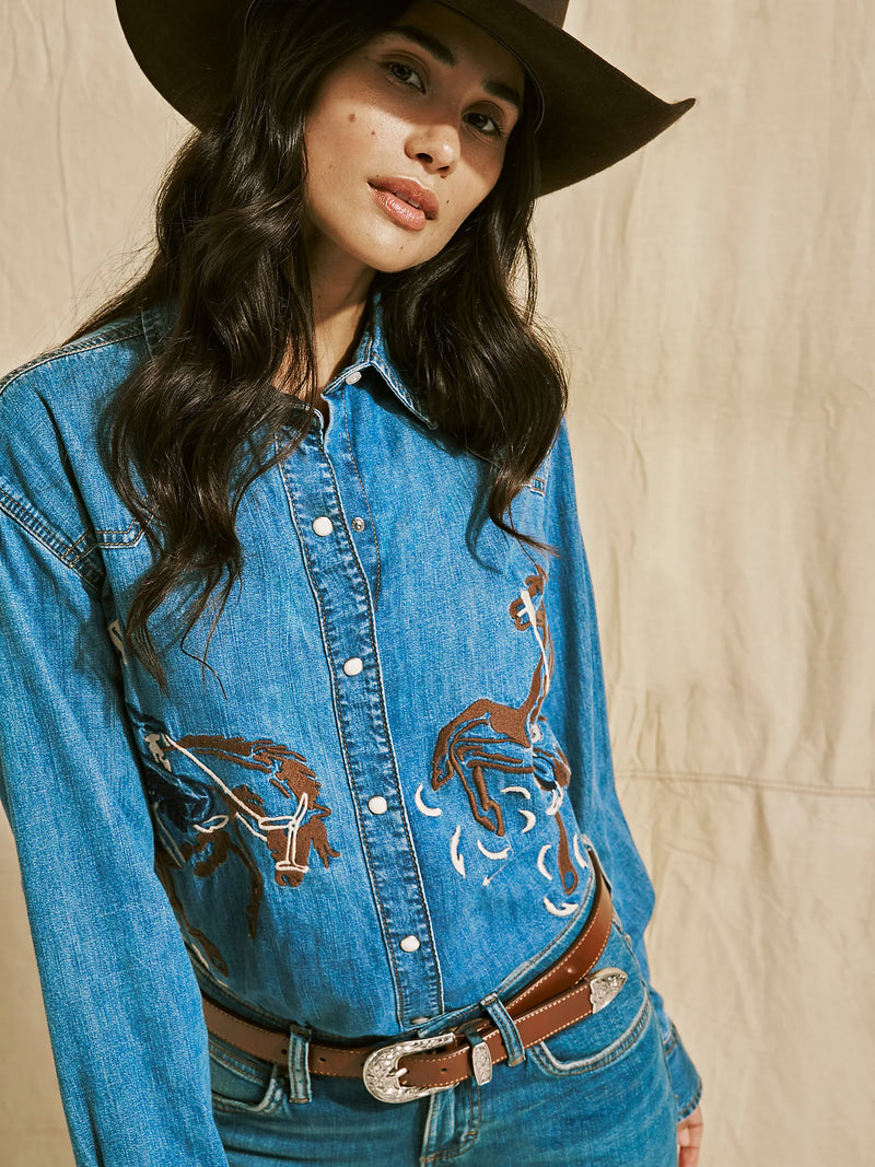 Wrangler Women's Embroidered Horses Boyfriend Western Snap Shirt