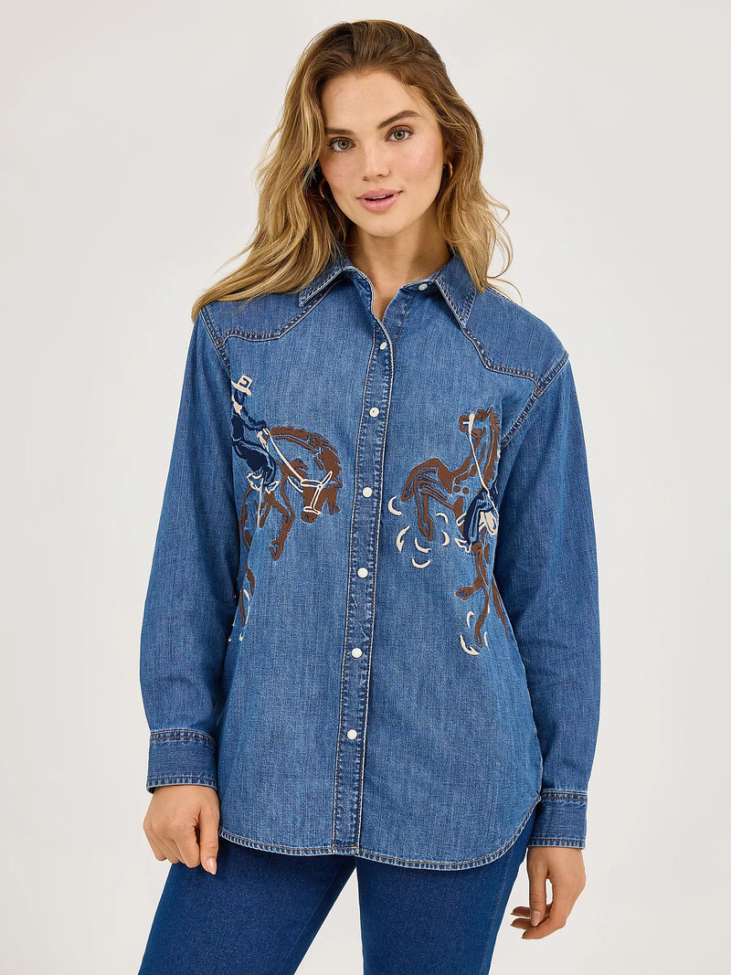 Wrangler Women's Embroidered Horses Boyfriend Western Snap Shirt