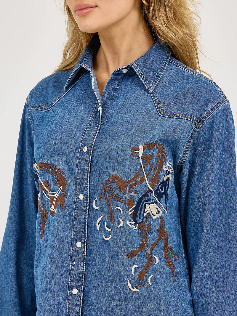 Wrangler Women's Embroidered Horses Boyfriend Western Snap Shirt