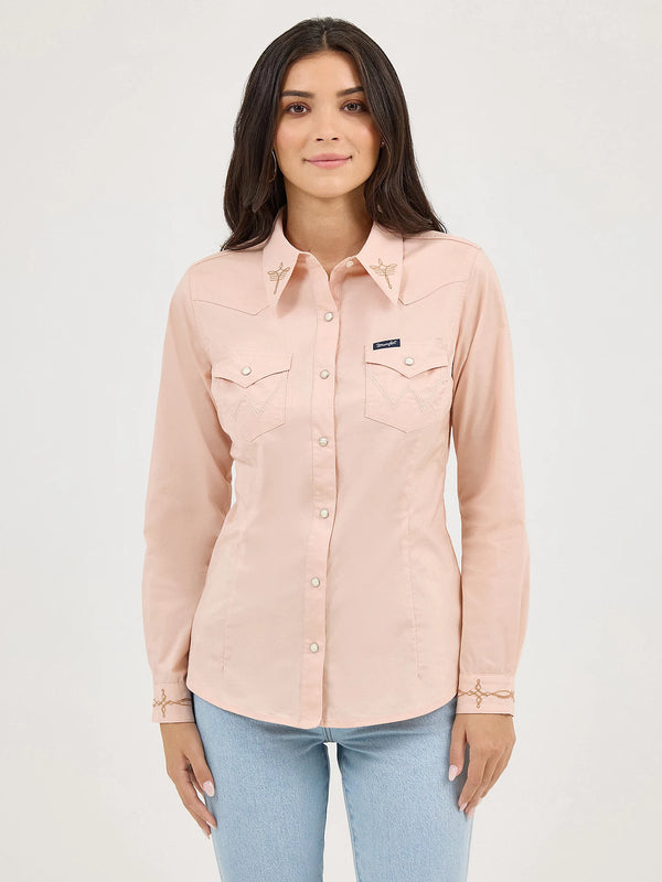 Wrangler Women's Embroidered Collar Slim Western Snap Shirt
