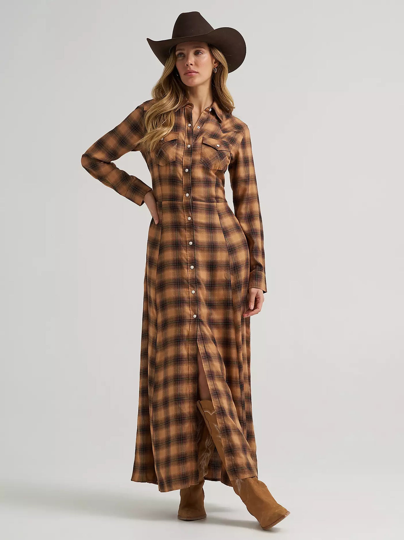 Wrangler Women's Plaid Maxi Shirt Dress, Brown
