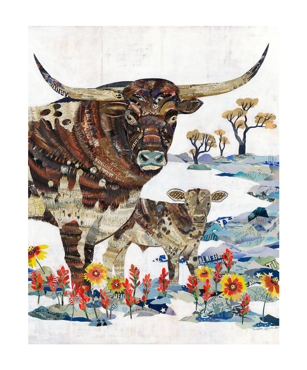 Reproduction of an original cattle collage artwork with longhorn calf walking down to the stream in a vivid field of wildflowers