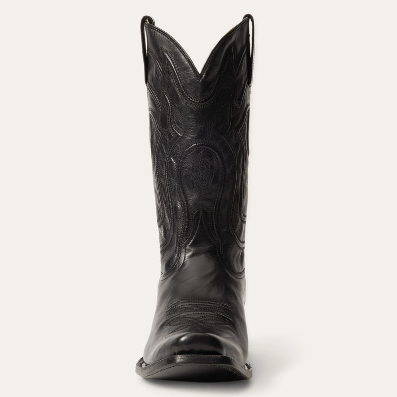 Men's black cowboy boot with square toe, cording stitch design on shaft and pull tabs