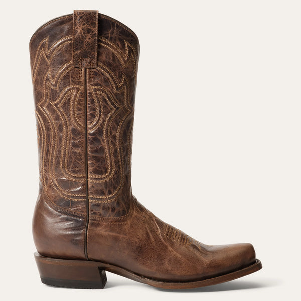 Men's brown cowboy boot with square toe and pull tabs and cording stitching on shaft
