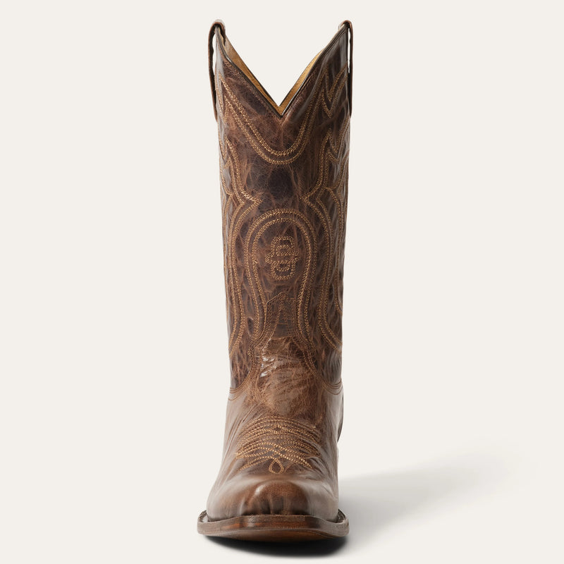 Men's brown cowboy boot with square toe and pull tabs and cording stitching on shaft