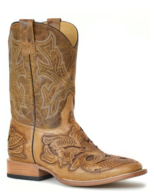 Men's Square Toe Brown Tooled Filigree Vamp and Counter Boot With Waxy Tan Shaft And Square Toe