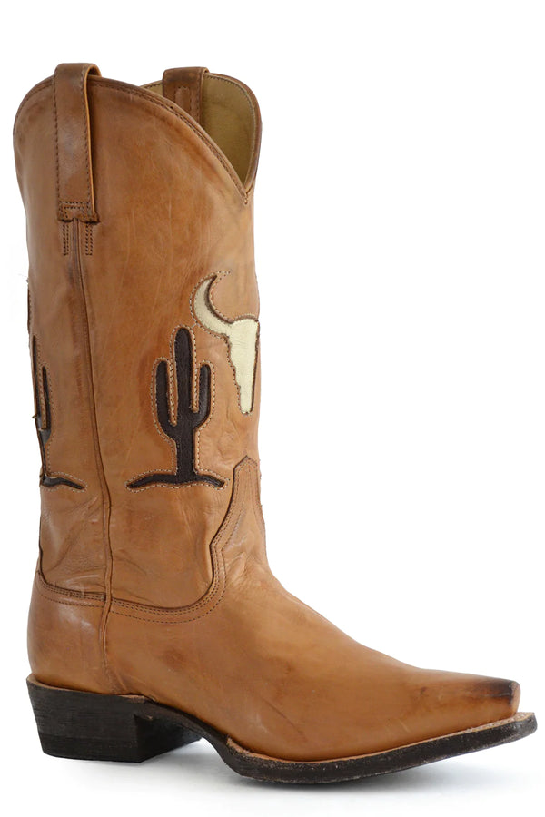 Tan leather cowboy boot with snip toe and images of cactus and steerhead on the front and back of shaft