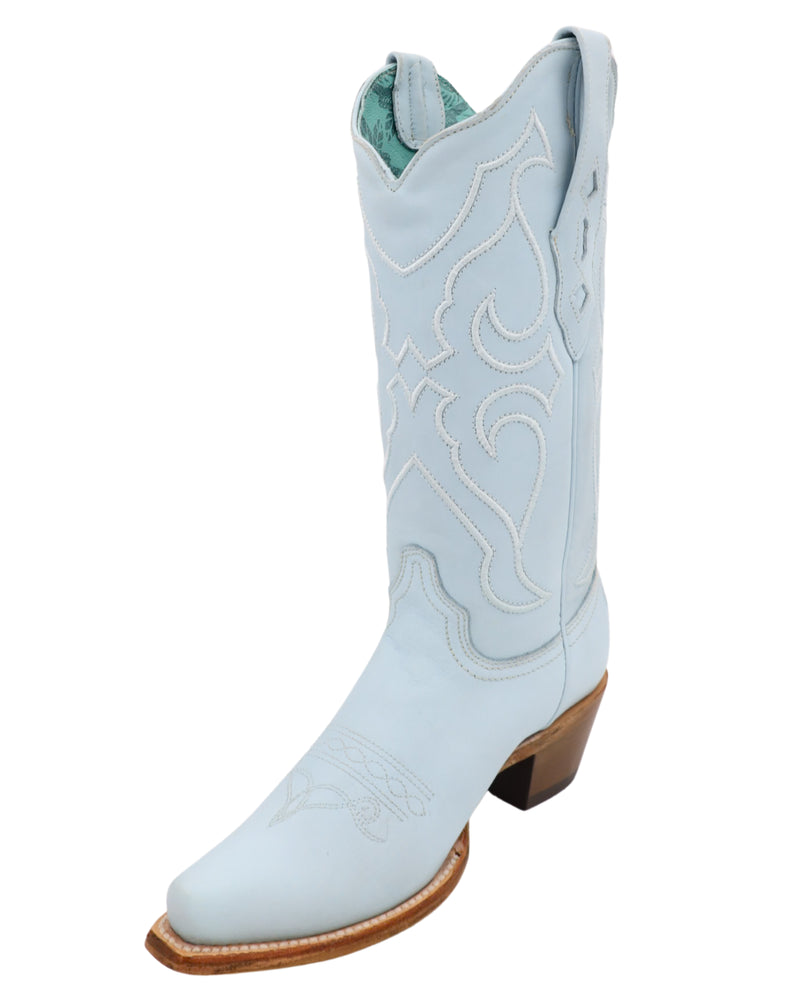 Baby blue cowgirl boot with cording stitch on the shaft