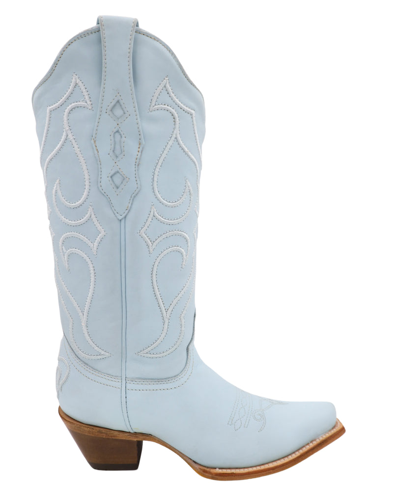 Baby blue cowgirl boot with cording stitch on the shaft 