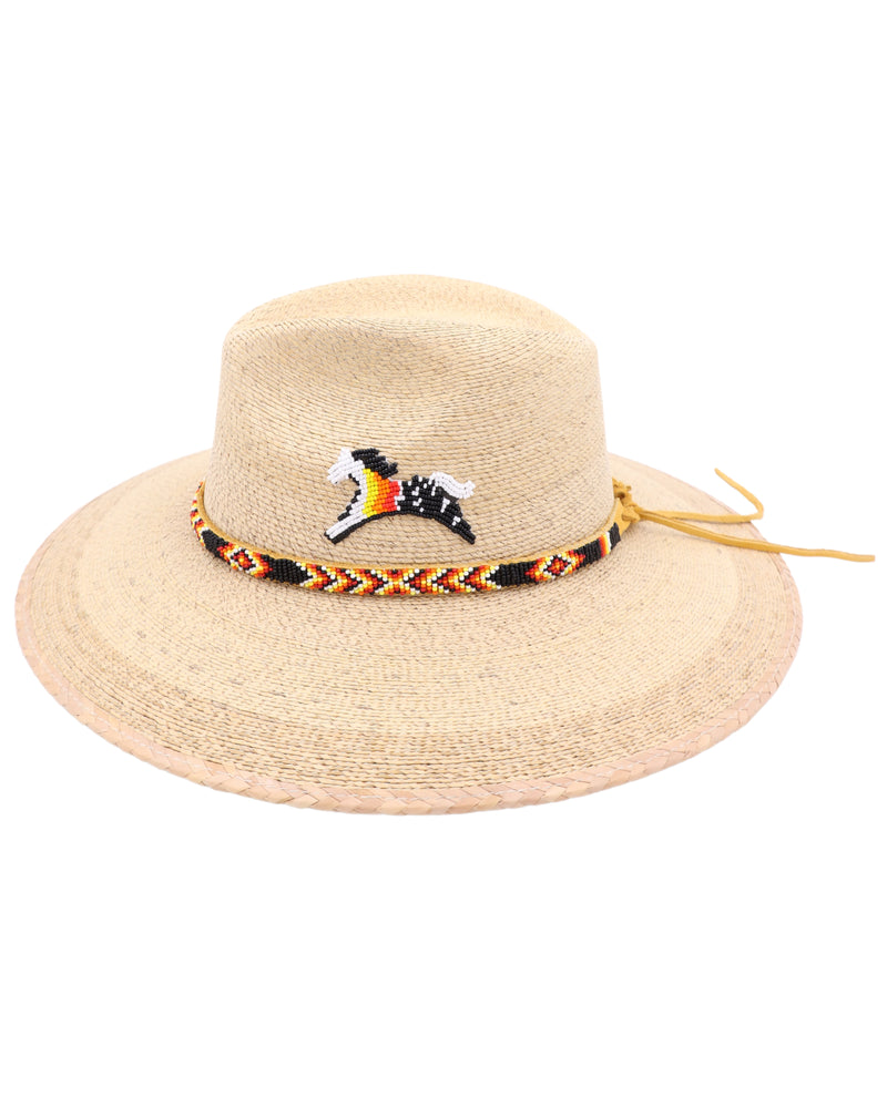 Straw fedora hat adorned with a hand strung black, yellow, red, orange and white beaded hatband, this hat is perfect for any occasion. Show off your funky spirit with the white, red, orange, yellow and black horse design on the crown.