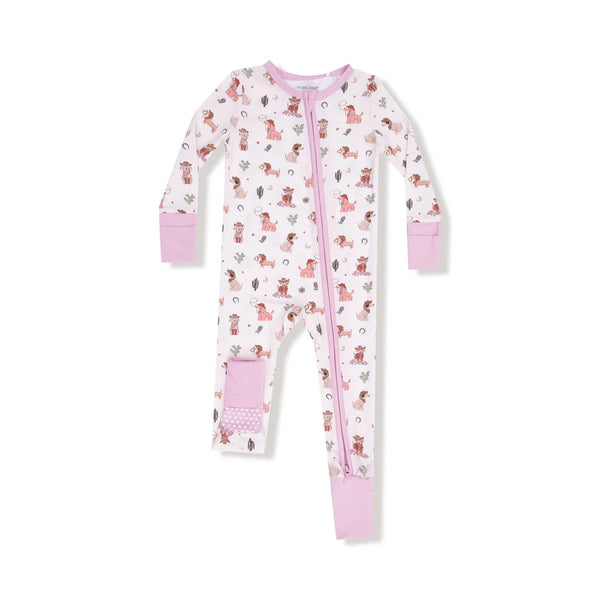 Baby onesie with pink zipper and animal pattern on a white background