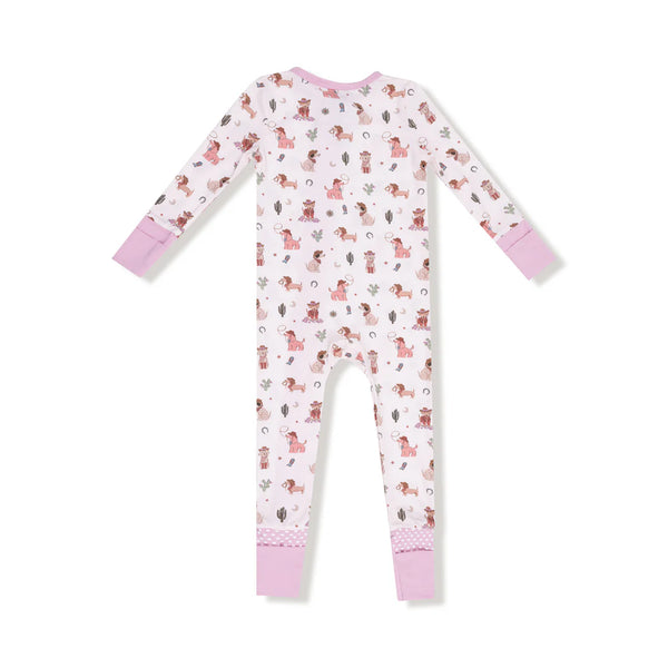Children's onesie with dog pattern on a white background