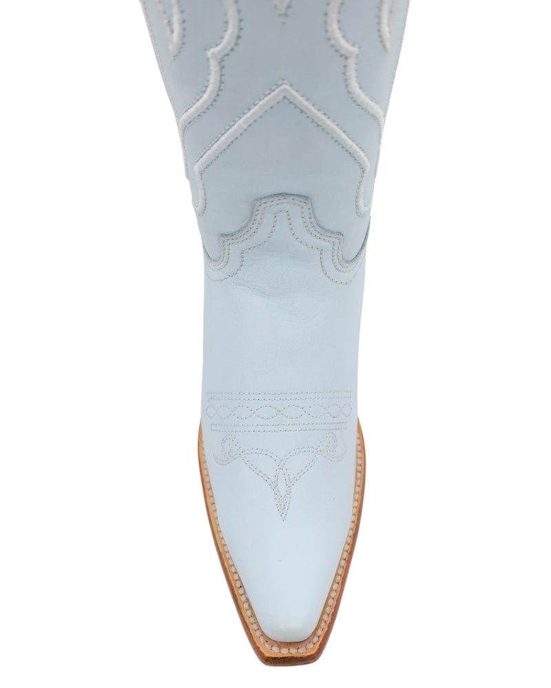 Baby blue cowgirl boot with cording stitch on the shaft