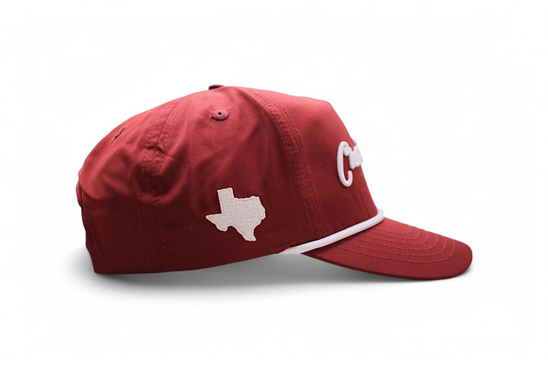 Red cap with a white logo on a white background