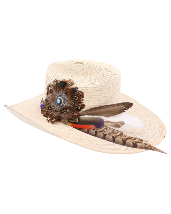 Straw cowboy hat adorned with a hand strung blue, white, brown and green hatband, this cowboy hat is perfect for any occasion. Show off the side of this hat with its concho with turquoise dot, feather boarder and long feathers sticking out the hatband.