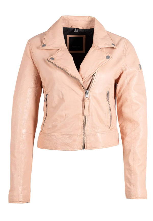 Woman wearing peach colored leather jacket with asymmetrical zipper on the front