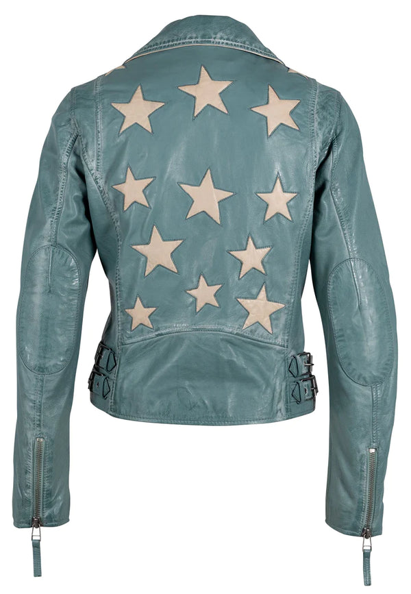 White stars on the back of a deep blue leather jacket with asymmetrical zipper on the front of the jacket