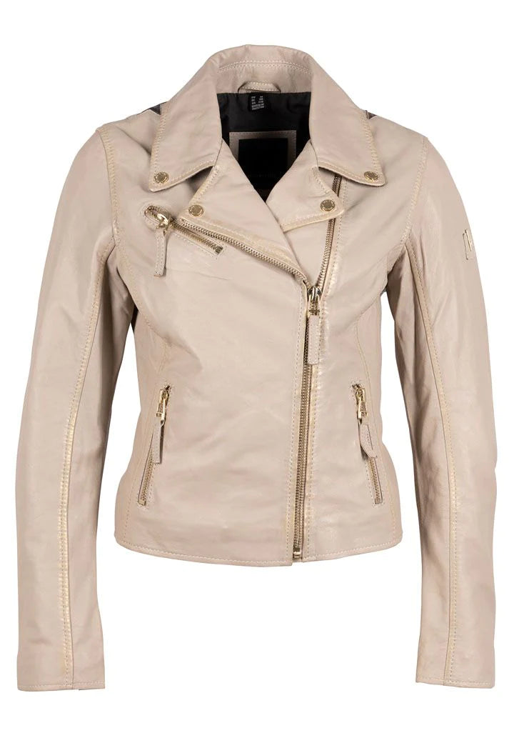 Star jacket with silver and gold on cream jacket with gold hardware and asymmetrical zipper